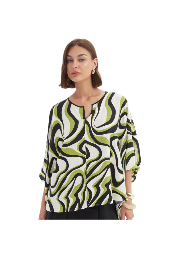 TIRELLI NOTCH NECK PRINT TOP - CHARTREUSE SWIRL