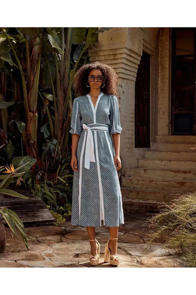 ONCE WAS COBA LINEN VISCOSE MIDI DRESS - DEL MAR STRIPE