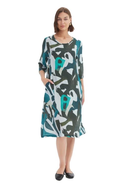 TIRELLI  CURVE SEAM PRINT DRESS - PETROL ABSTRACT