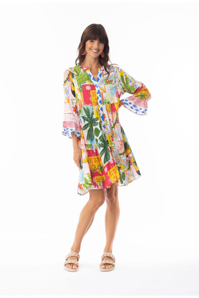 ERICA DRESS TIERED FRILL HEM - TROPICAL BAY