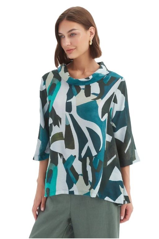 TIRELLI HIGH NECK PRINT TOP - PETROL ABSTRACT
