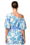 ONCE WAS JUNO VISCOSE DOBBY ONE SHOULDER TOP - AZURE MOSAIC