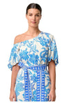 ONCE WAS JUNO VISCOSE DOBBY ONE SHOULDER TOP - AZURE MOSAIC