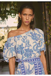 ONCE WAS JUNO VISCOSE DOBBY ONE SHOULDER TOP - AZURE MOSAIC
