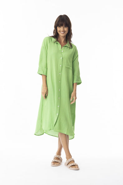 LINEN SOLID MIDI COLLAR SHIRT DRESS - GREEN