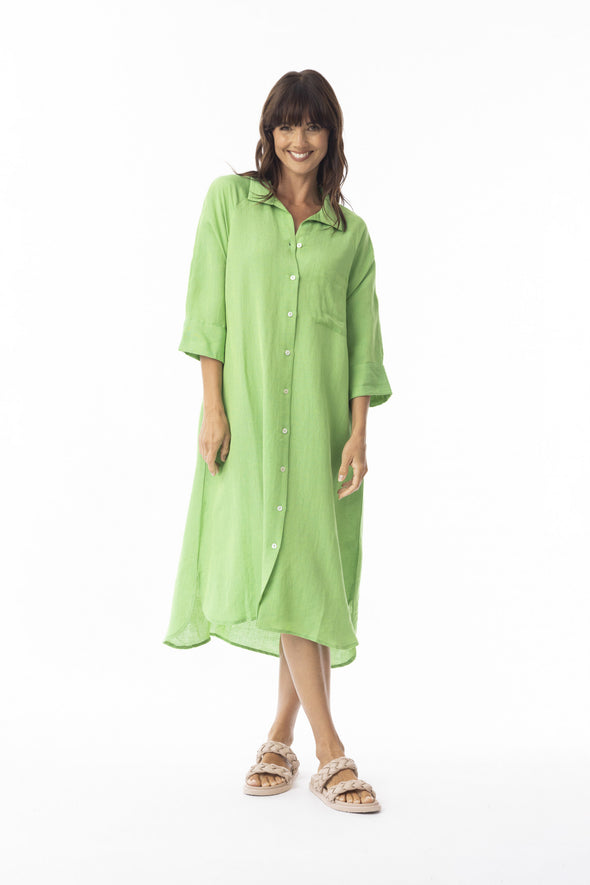 LINEN SOLID MIDI COLLAR SHIRT DRESS - GREEN