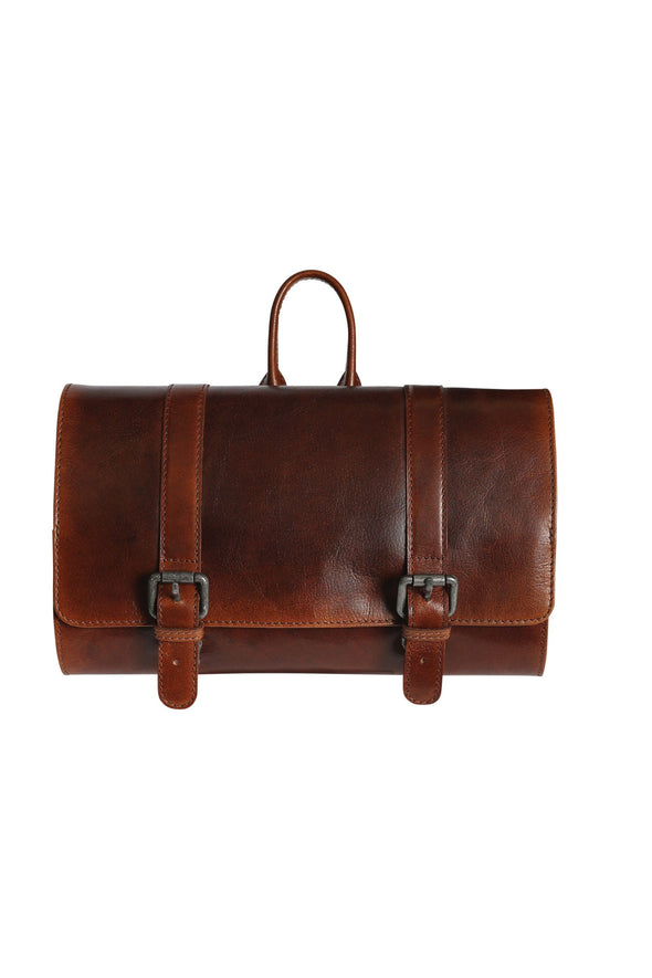 MODAPELLE  LEATHER MENS HANGING TOILETRY BAG - DARK BROWN