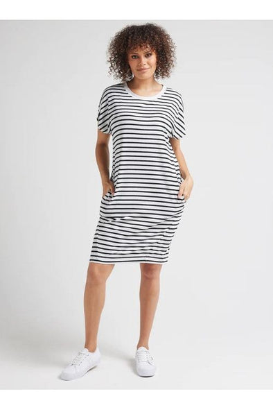 LOU LOU NICKS TEE DRESS - GREY MARLE & BLACK STRIPE
