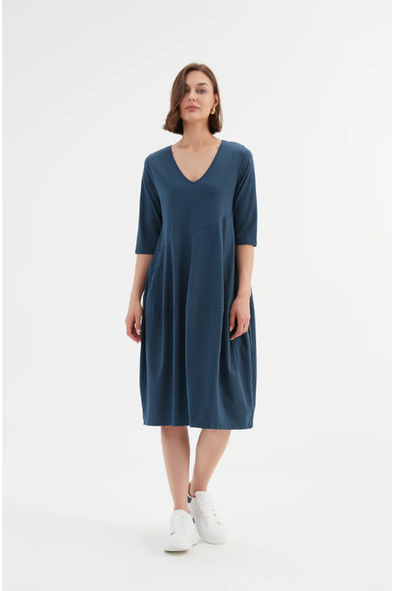 TIRELLI V NECK DIAGONAL SEAM DRESS - DEEP TEAL