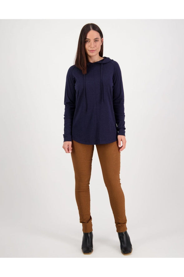 VASSALLI MERINO HOODIE TOP/CURVED HEM - NAVY