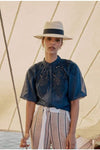 ONCE WAS OCCITAN EMBROIDERED SILK/COTTON SHIRT - NAVY